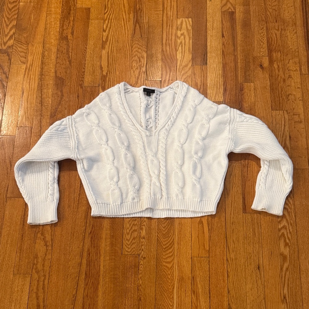 J. Crew Women’s White Cable-Knit V-Neck Cropped Sweater M